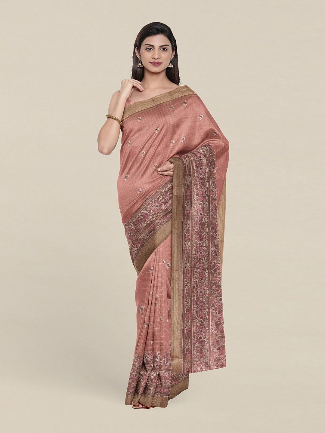 

Pothys Pink & Gold-Toned Ethnic Motifs Zari Tissue Saree