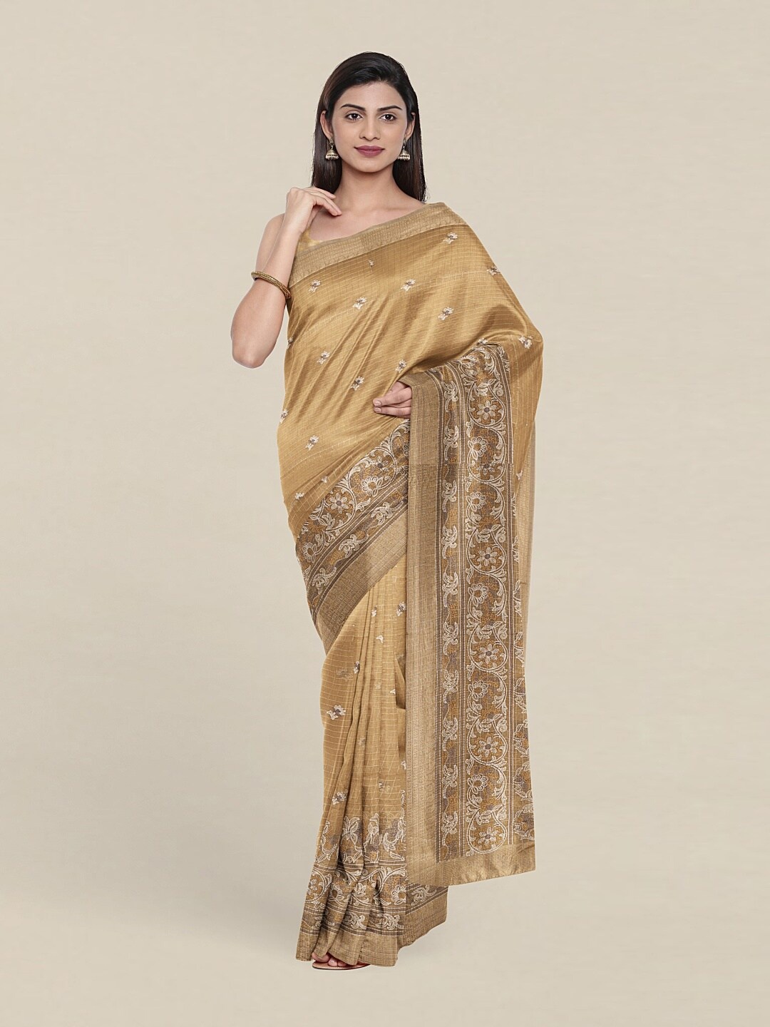 

Pothys Cream-Coloured & Gold-Toned Zari Tissue Saree