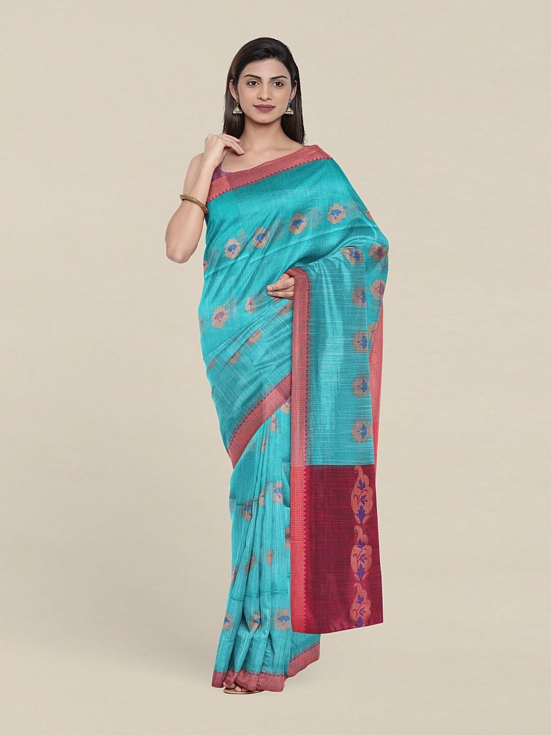 

Pothys Blue & Maroon Ethnic Motifs Zari Jute Cotton Saree