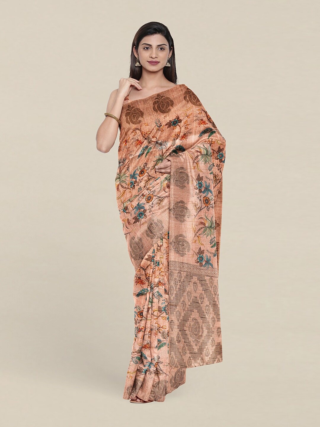 

Pothys Peach-Coloured & Blue Floral Art Silk Saree