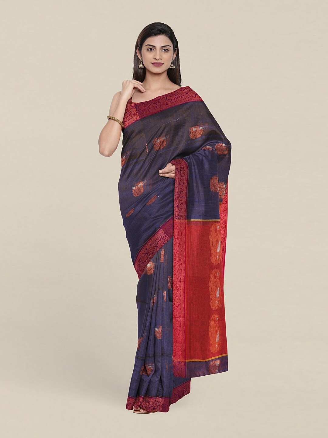 

Pothys Blue & Red Woven Design Zari Jute Cotton Saree