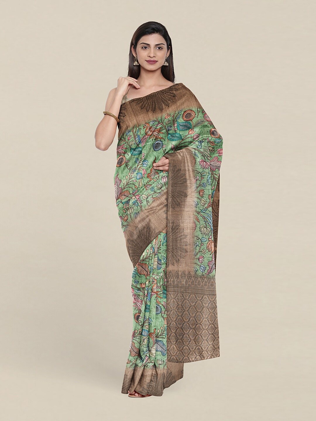 

Pothys Green & Brown Floral Art Silk Saree