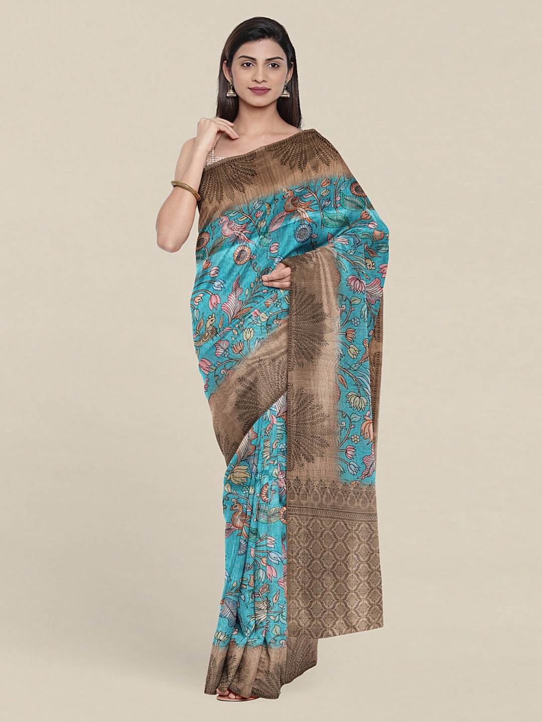 

Pothys Blue & Brown Floral Art Silk Saree