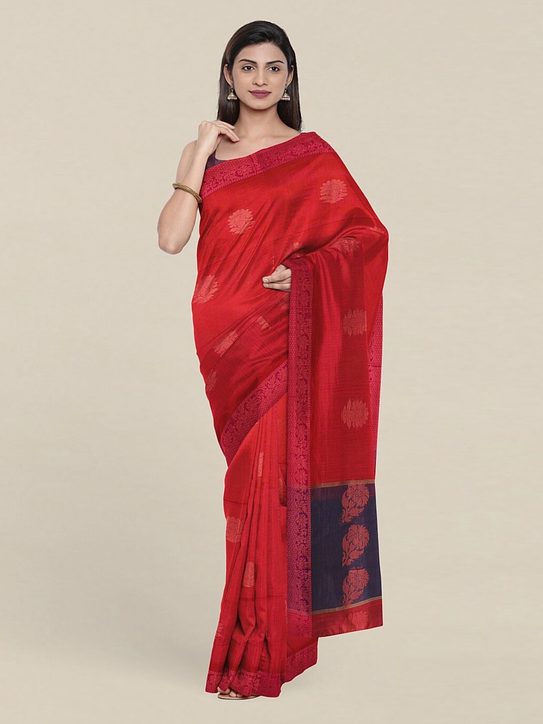 

Pothys Red & Blue Woven Design Zari Jute Cotton Saree