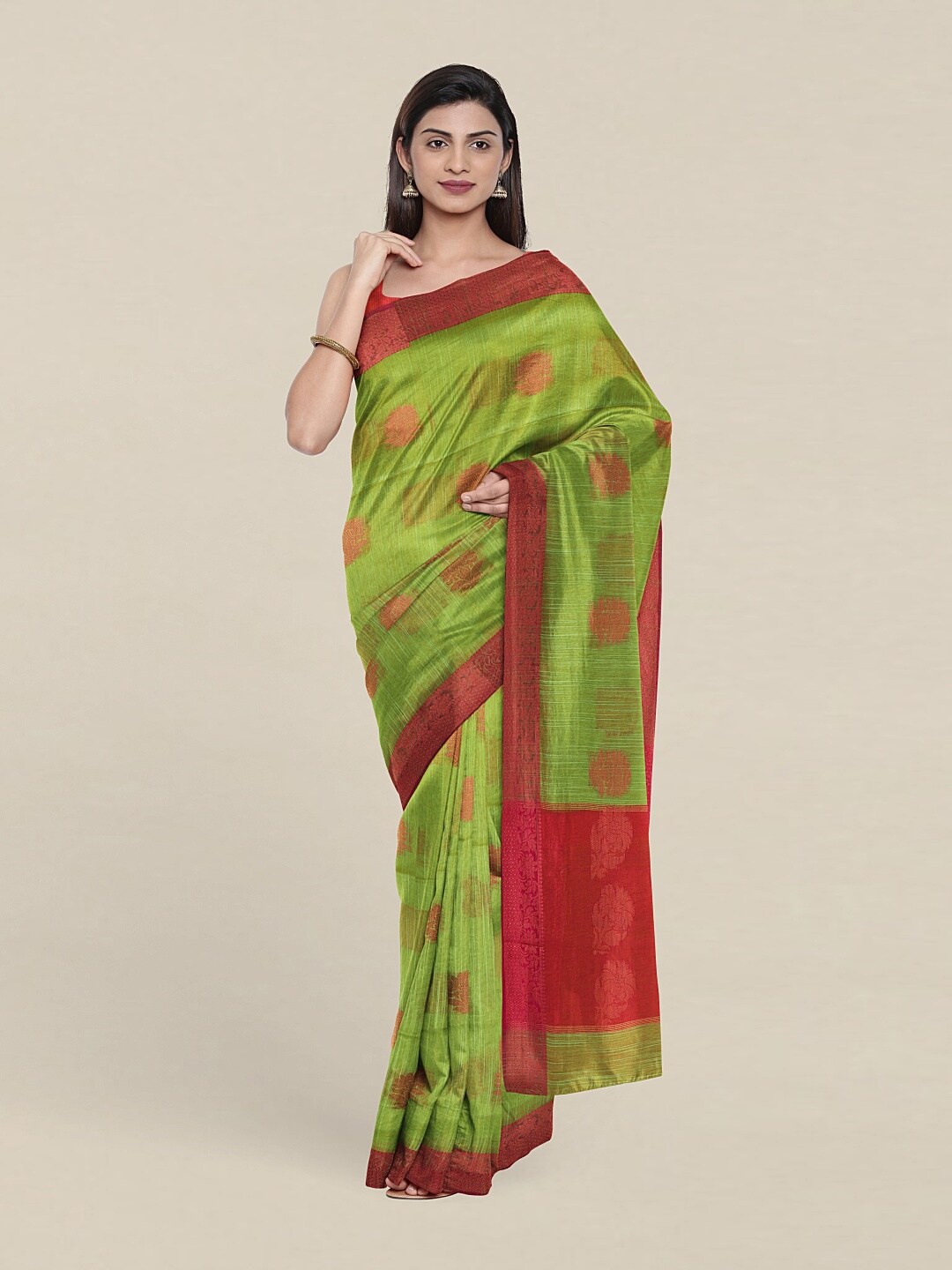 

Pothys Green & Red Woven Design Zari Jute Cotton Saree