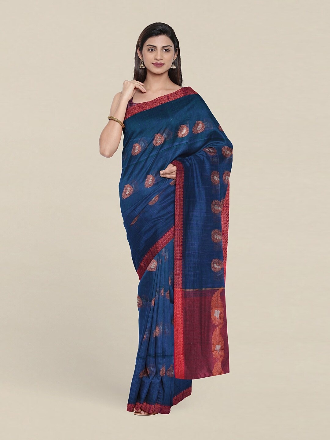 

Pothys Navy Blue & Copper-Toned Woven Design Zari Jute Cotton Saree