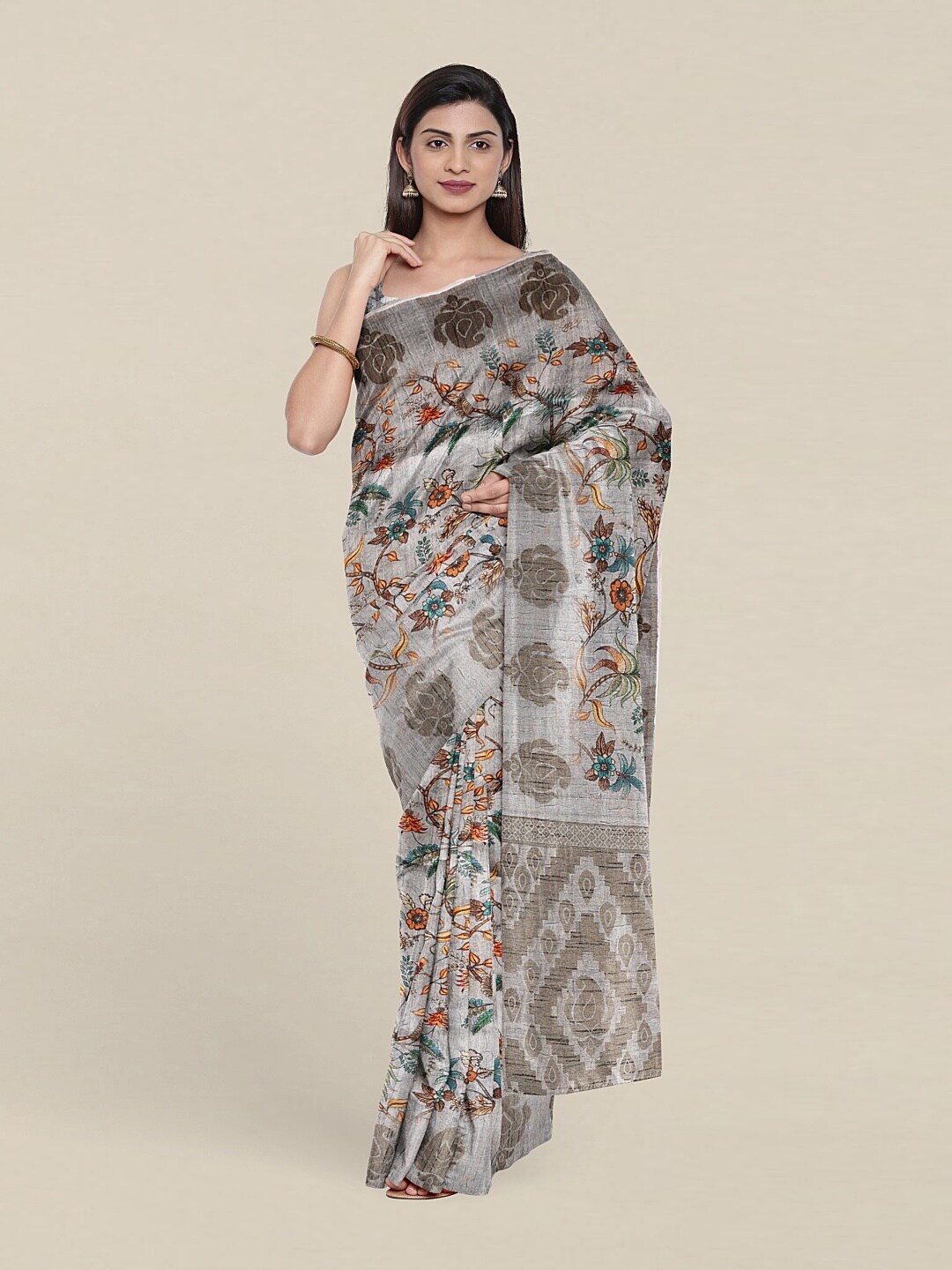 

Pothys Grey & Brown Kalamkari Art Silk Saree