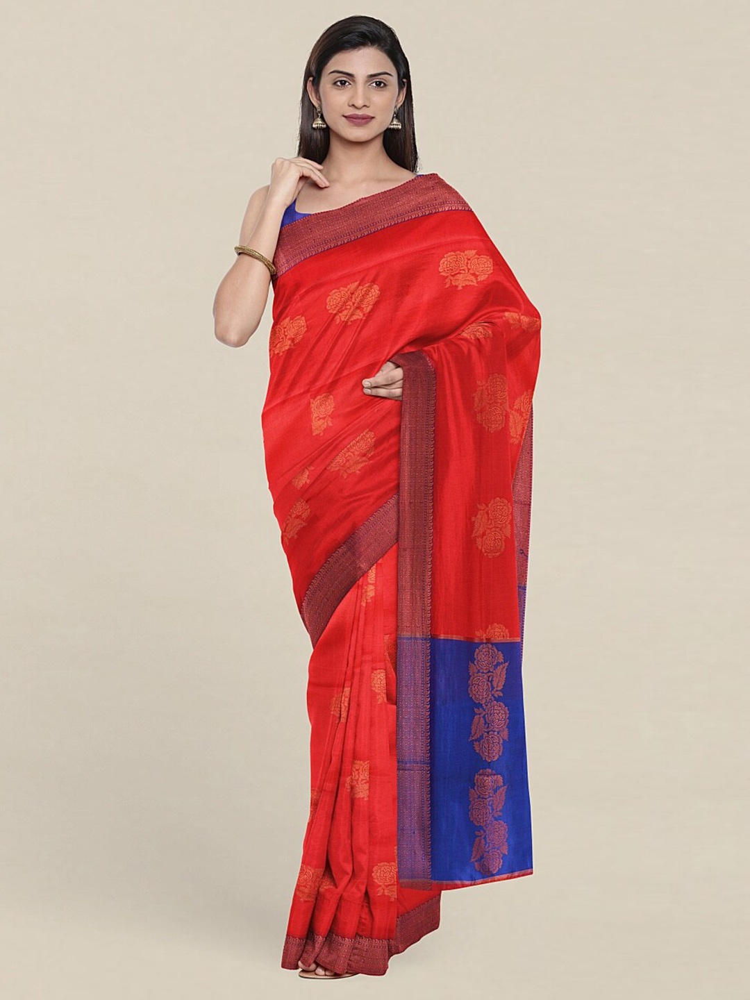 

Pothys Red & Blue Woven Design Zari Pure Cotton Saree