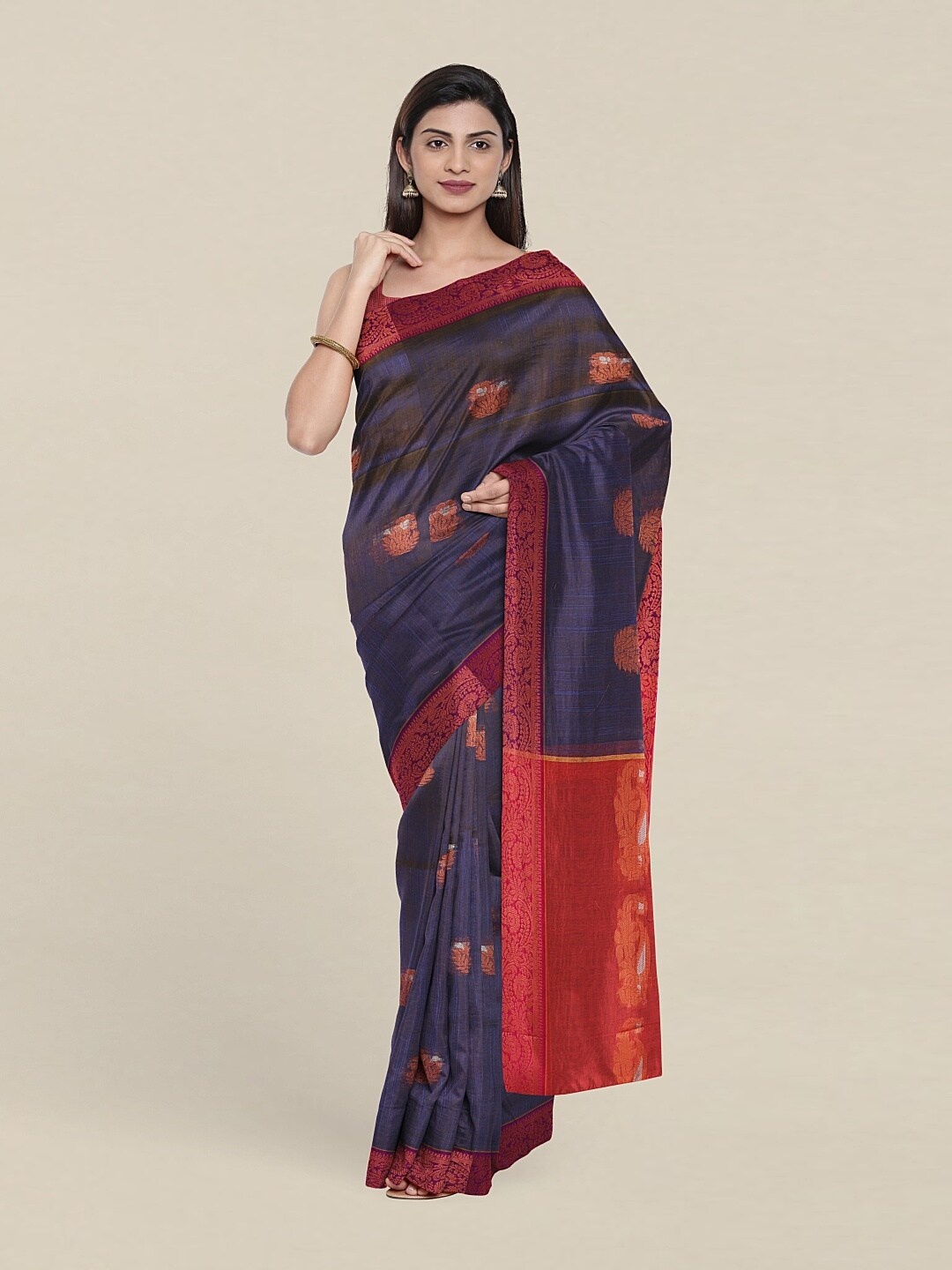 

Pothys Navy Blue & Red Woven Design Zari Jute Cotton Saree