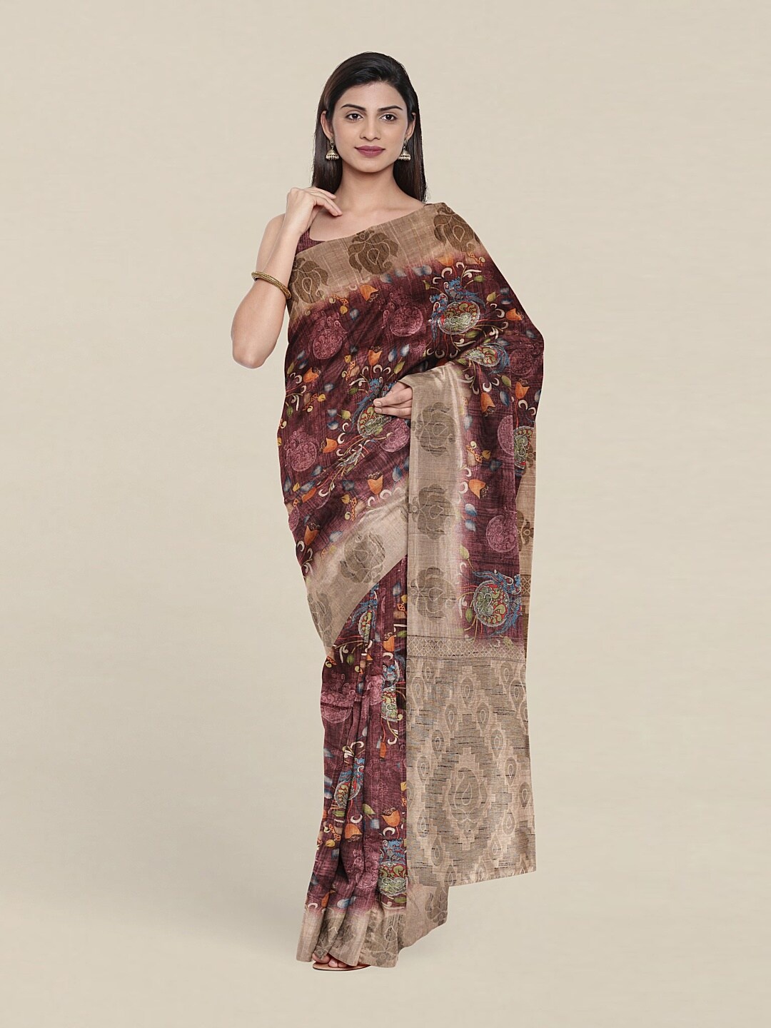 

Pothys Purple & Cream-Coloured Floral Art Silk Saree