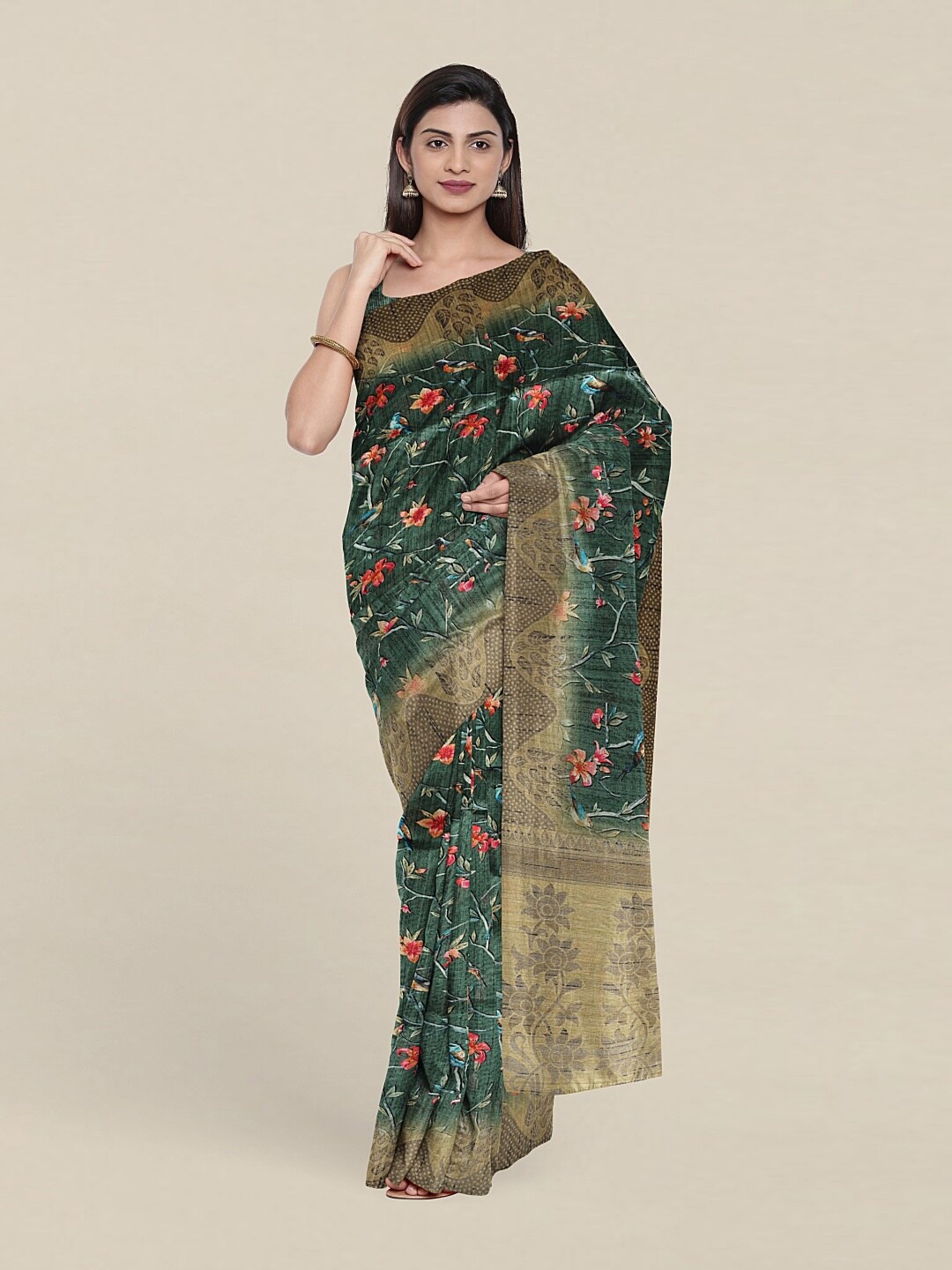 

Pothys Green & Orange Floral Art Silk Saree