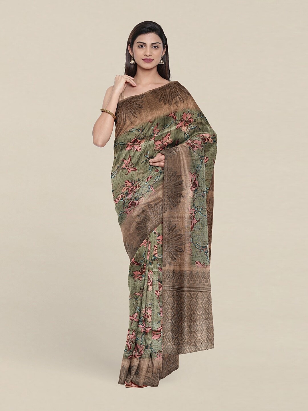 

Pothys Green & Brown Floral Art Silk Saree