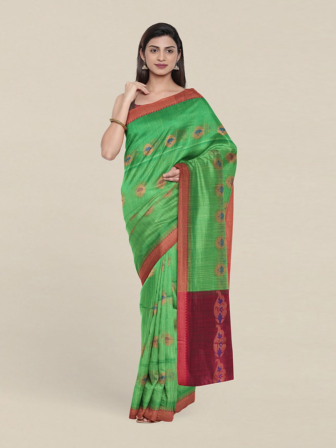 

Pothys Green & Purple Woven Design Zari Jute Cotton Saree