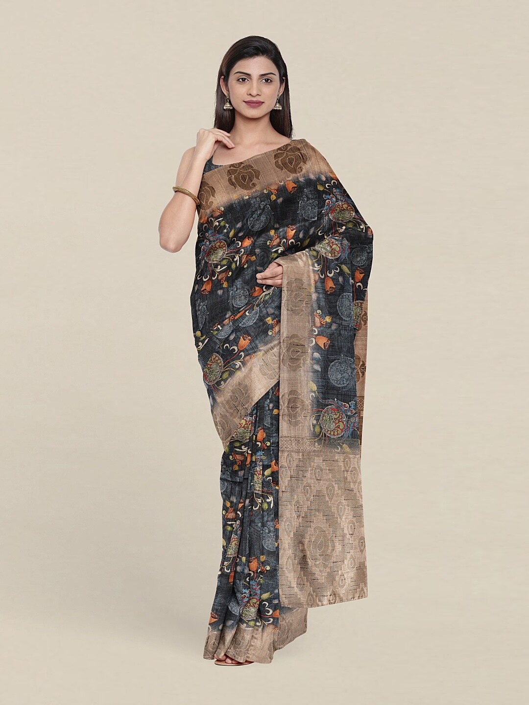 

Pothys Blue & Brown Floral Art Silk Saree