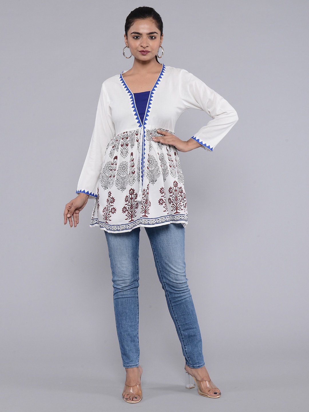 

ROOPWATI FASHION White Print Ruffles Top