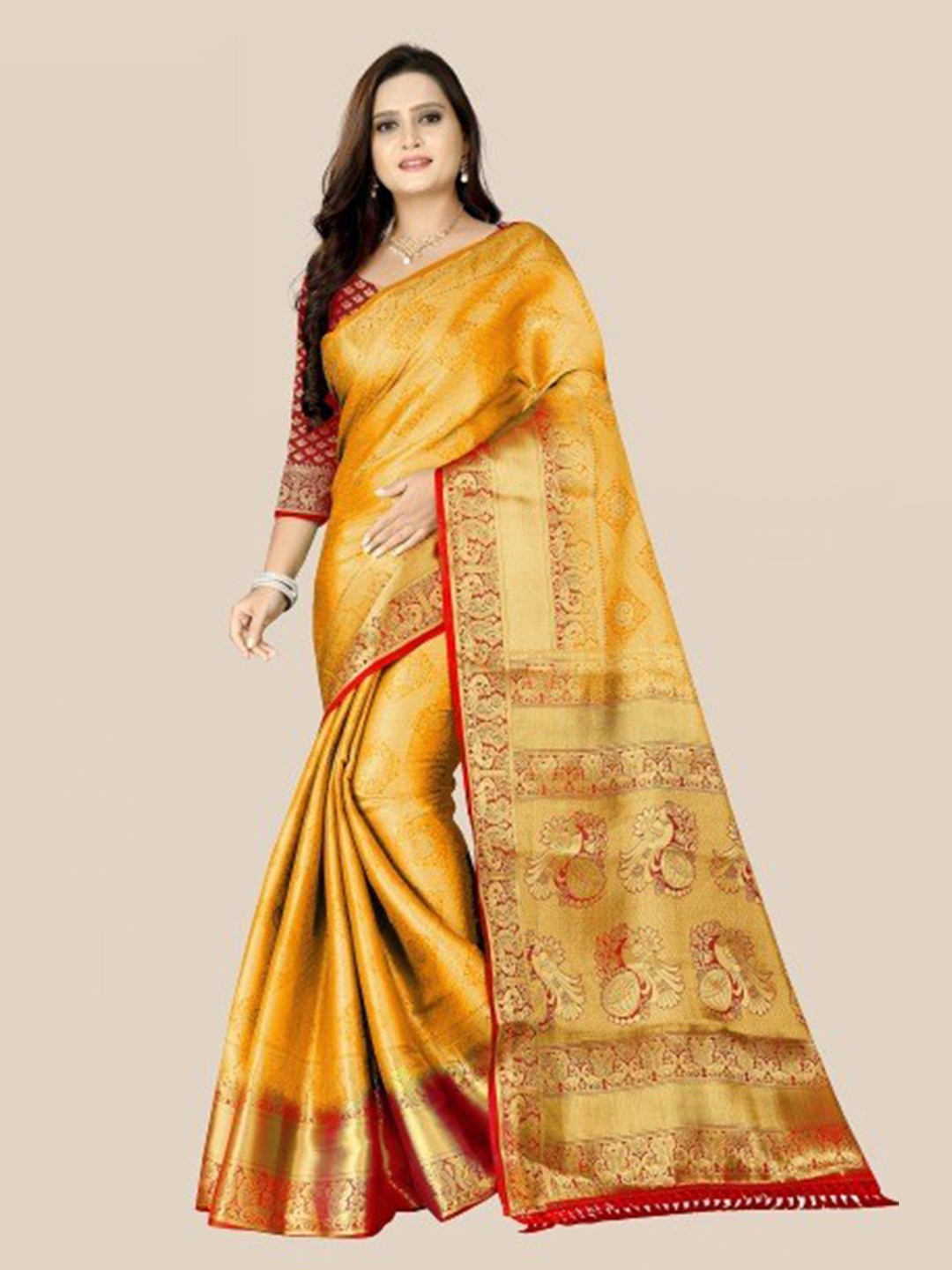 

LINARO LIFESTYLES Gold-Toned & Red Woven Design Zari Pure Silk Banarasi Saree