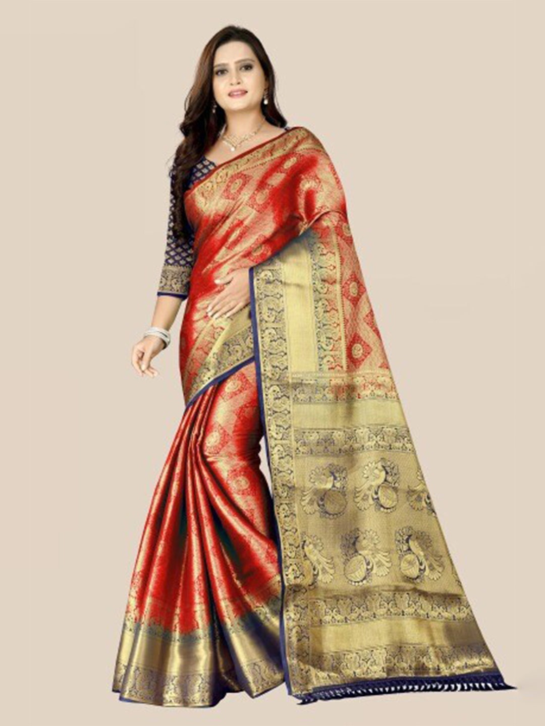 

LINARO LIFESTYLES Red & Gold-Toned Woven Design Zari Pure Silk Banarasi Saree