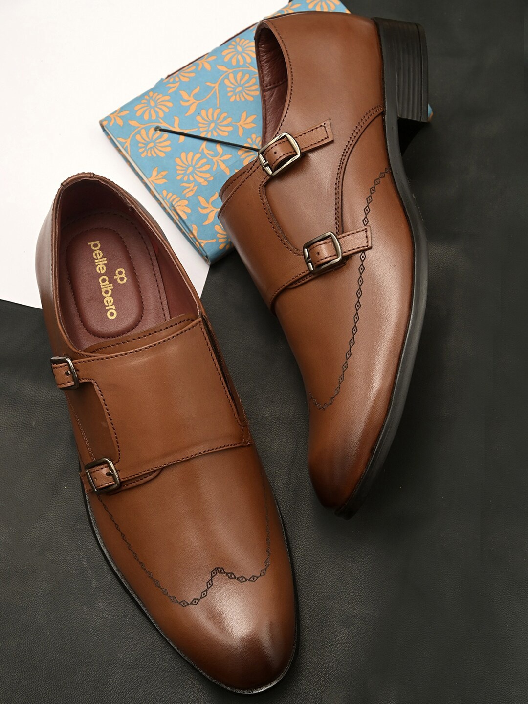 

pelle albero Men Tan Solid Leather Formal Monk Shoes