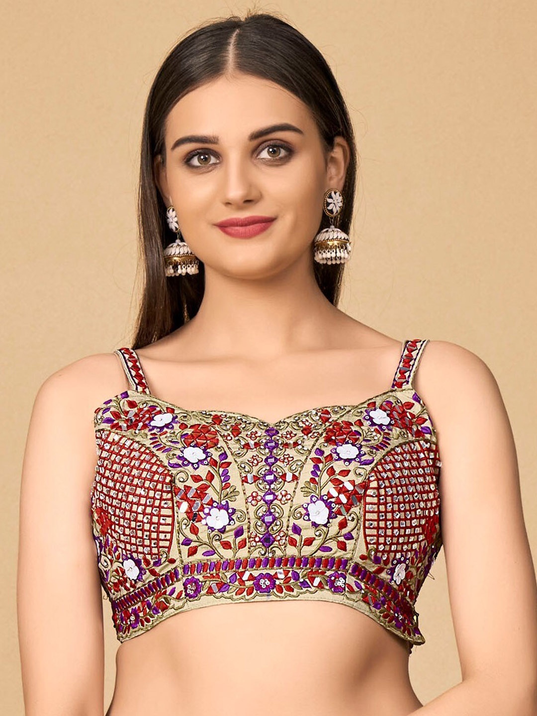 

DRESSTIVE Women Beige & Maroon Embroidered Silk Saree Blouse