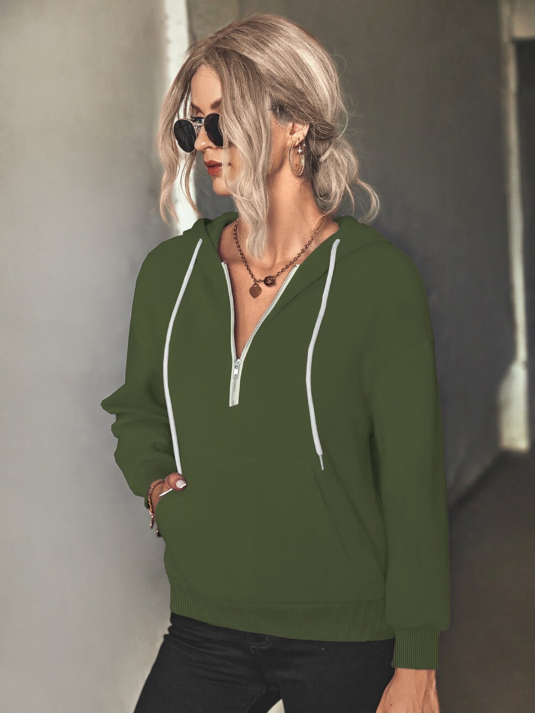 

BoStreet Women Olive Green Hooded Sweatshirt
