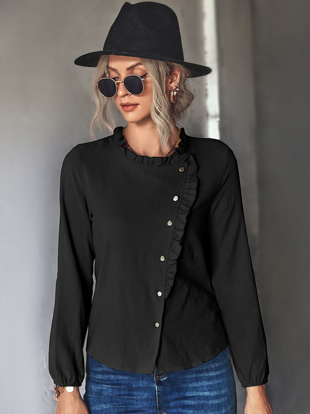 

BoStreet Women Black Solid Regular Long Sleeves Shirt Style Top