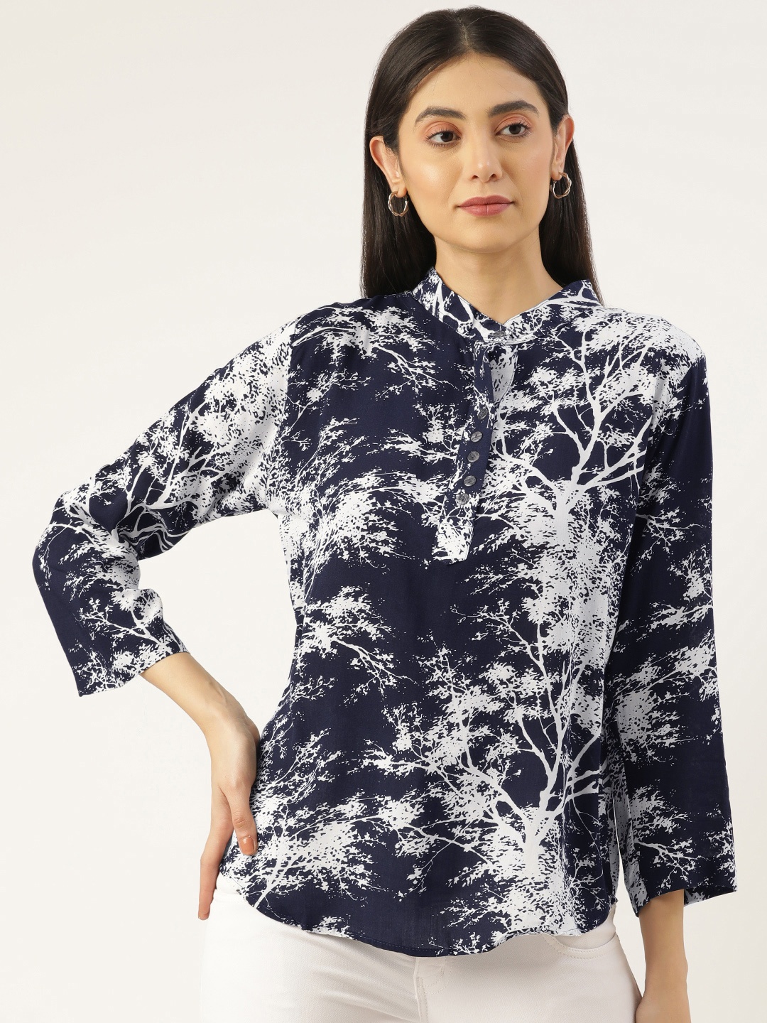 

RACHNA Navy Blue & White Floral Printed Mandarin Collar Top