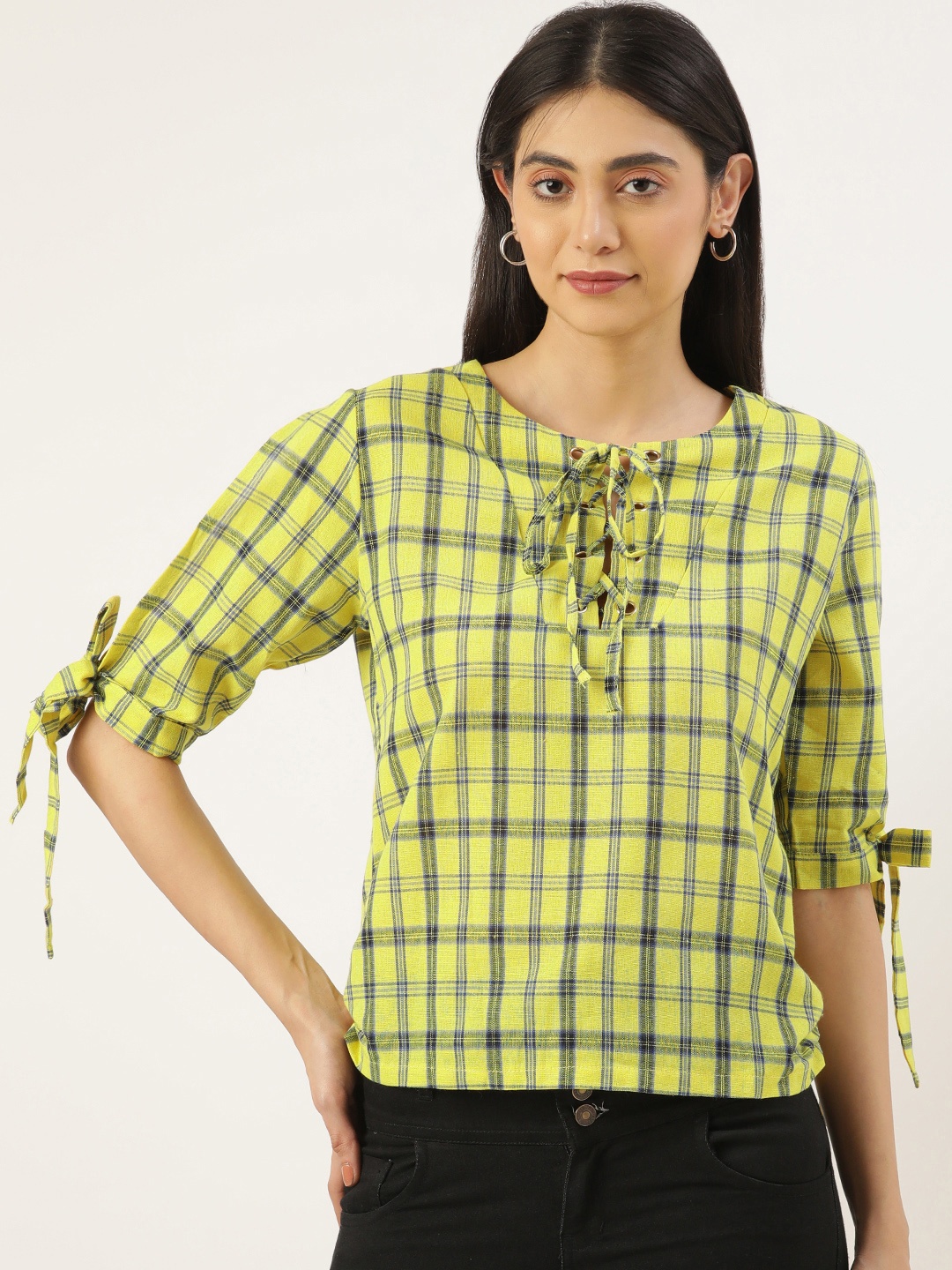 

RACHNA Yellow Geometric Checked Tie-Up Neck Top