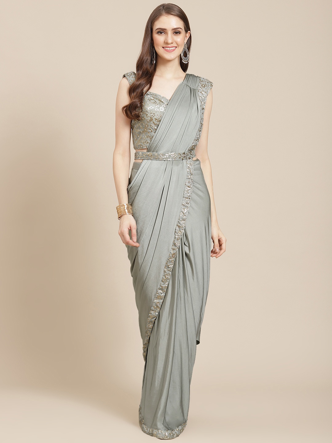 

Grancy Green Sequinned Ready to Wear Saree