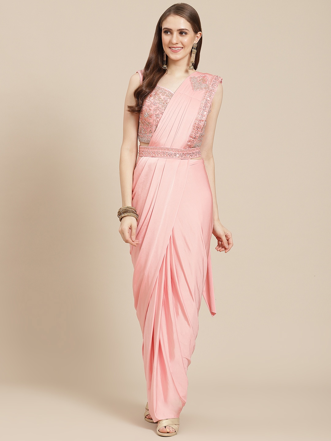 

Grancy Woman Beads and Stones Ready to Wear Saree, Pink