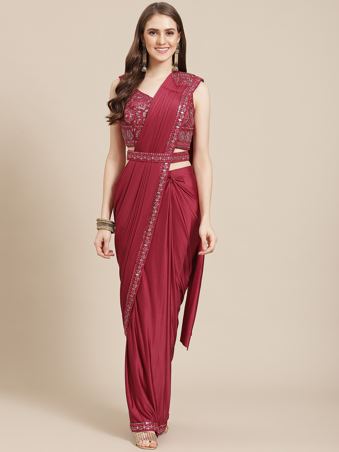 

Grancy Woman Beads and Stones Ready to Wear Saree, Maroon