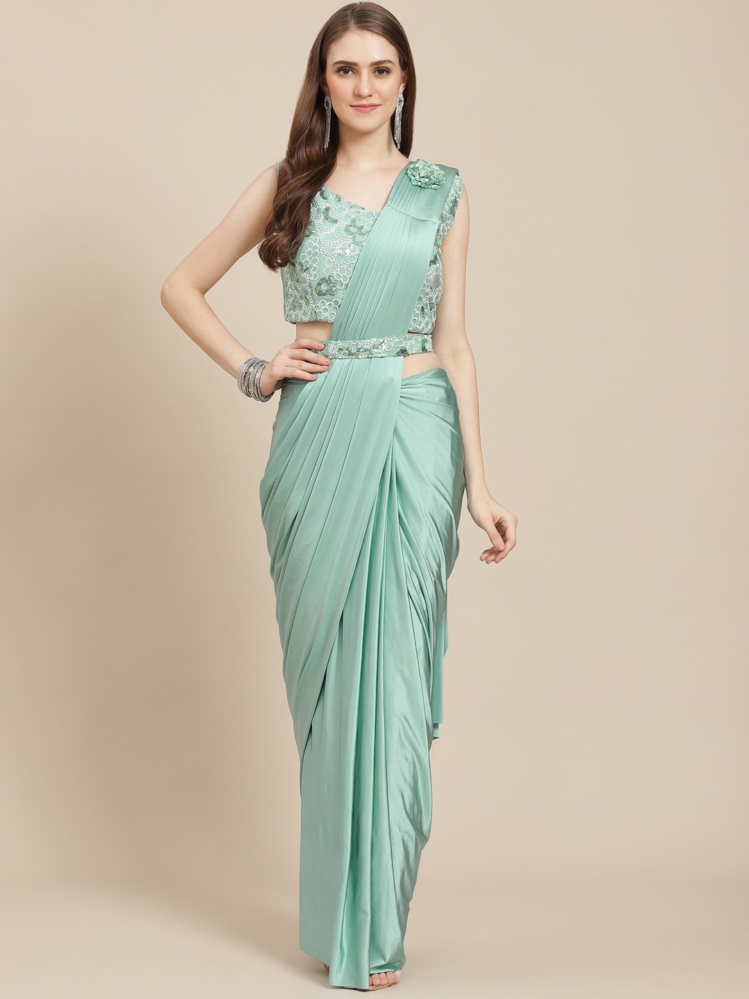 

Grancy Woman Sequinned Ready to Wear Saree, Sea green