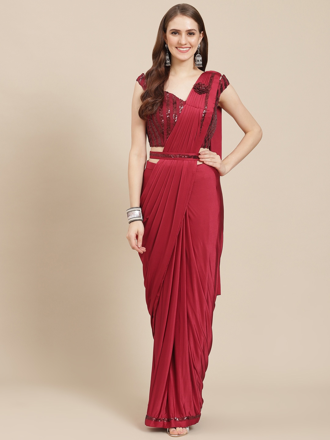 

Grancy Woman Sequinned Ready to Wear Saree, Maroon