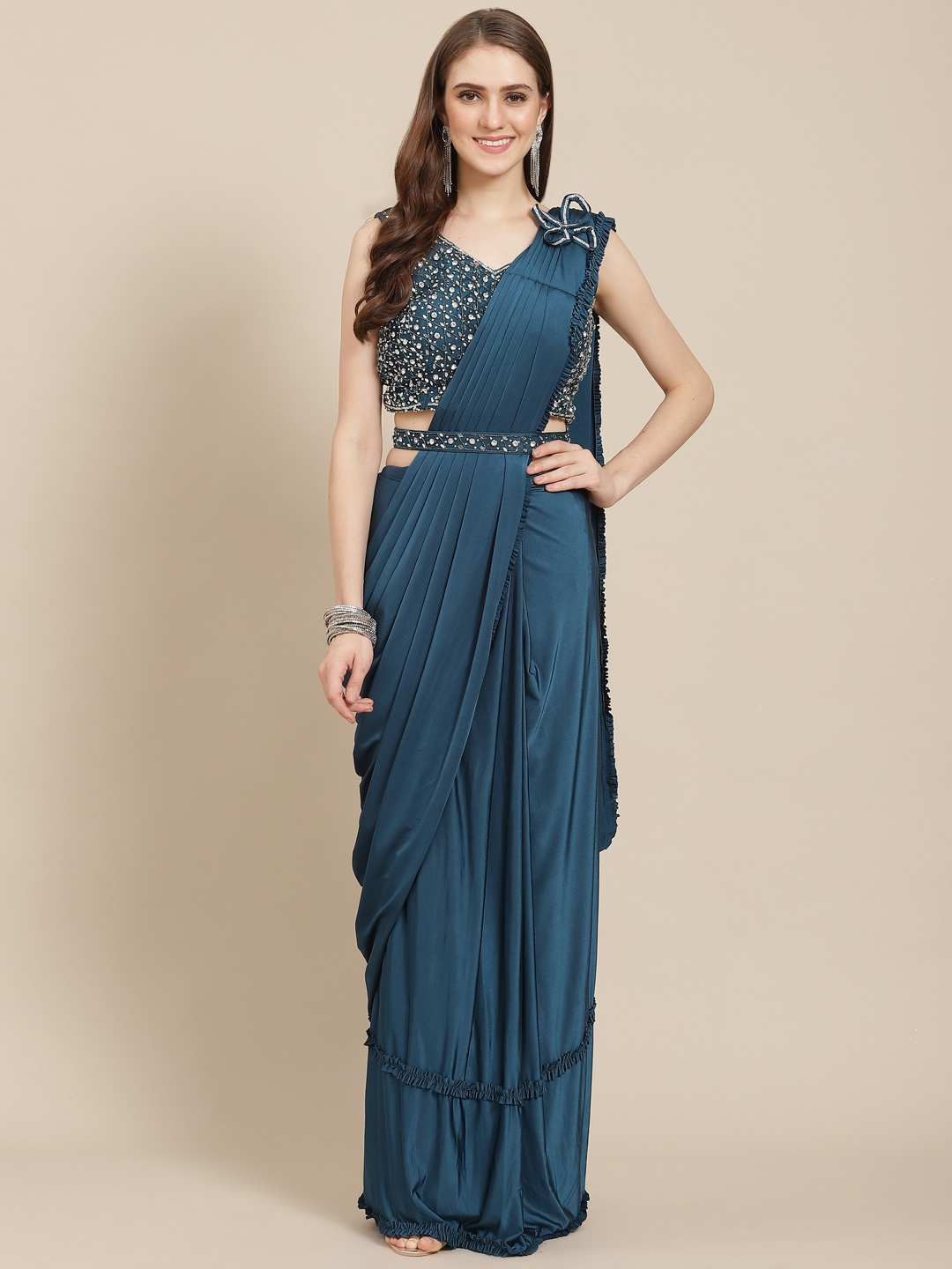 

Grancy Woman Beads & Stones Ready to Wear Saree, Blue