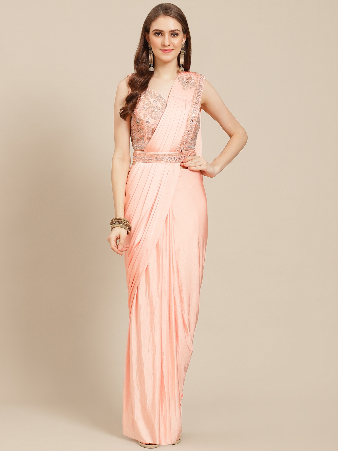 

Grancy Peach-Coloured Ready to Wear Saree