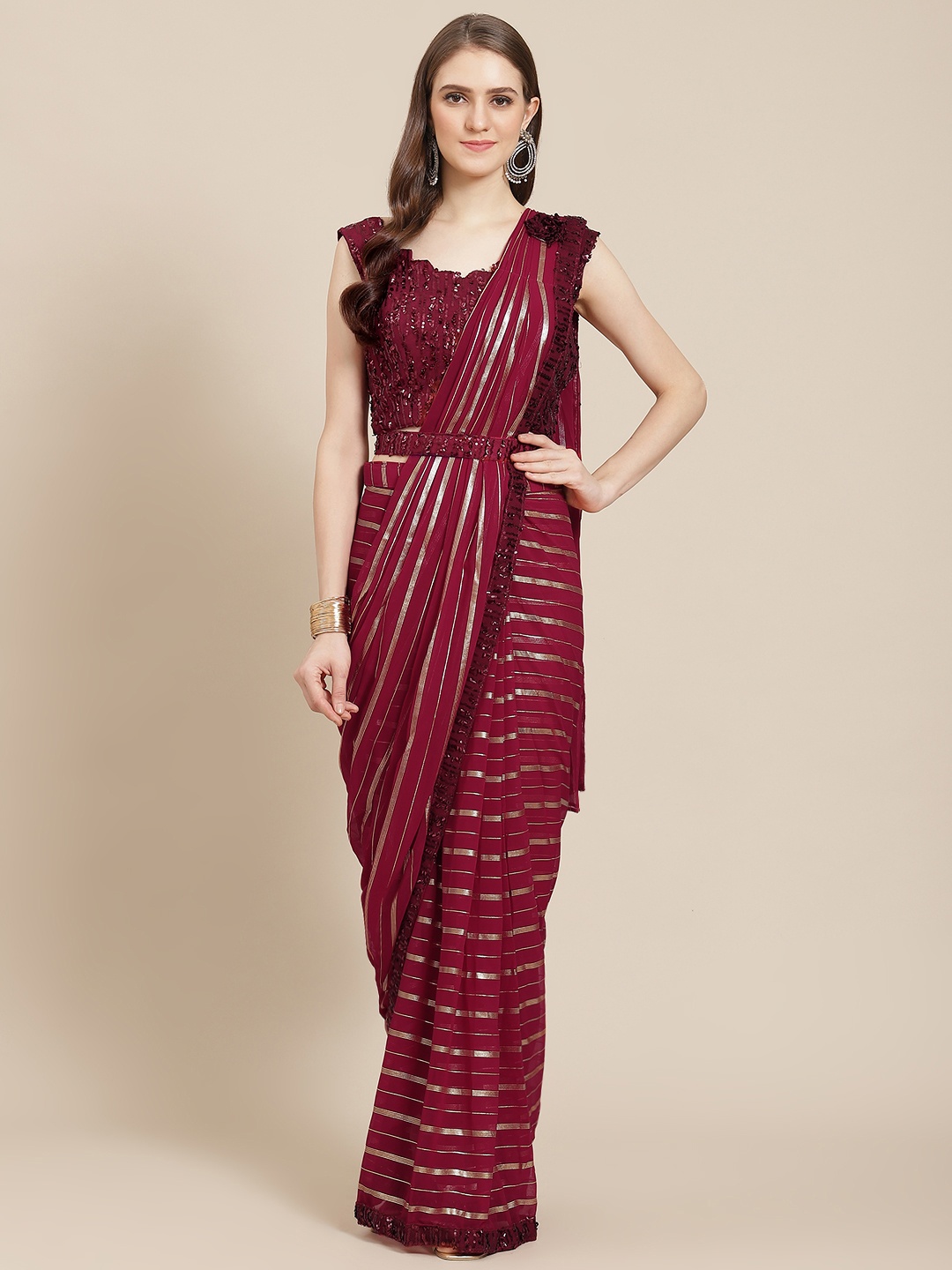 

Grancy Maroon & Gold-Toned Striped Sequinned Ready to Wear Saree