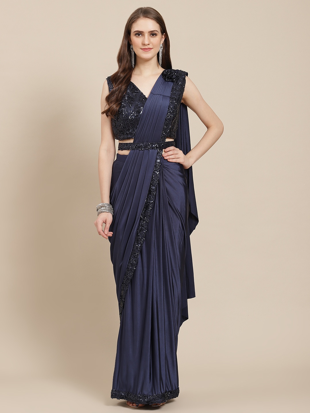 

Grancy Navy Blue Sequinned Ready to Wear Saree