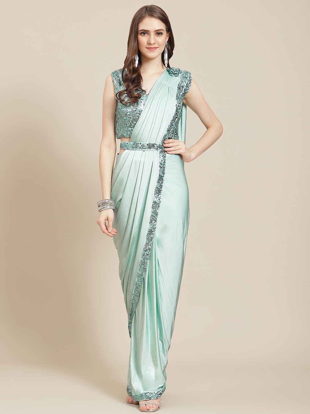 

Grancy Turquoise Blue Sequinned Ready to Wear Saree