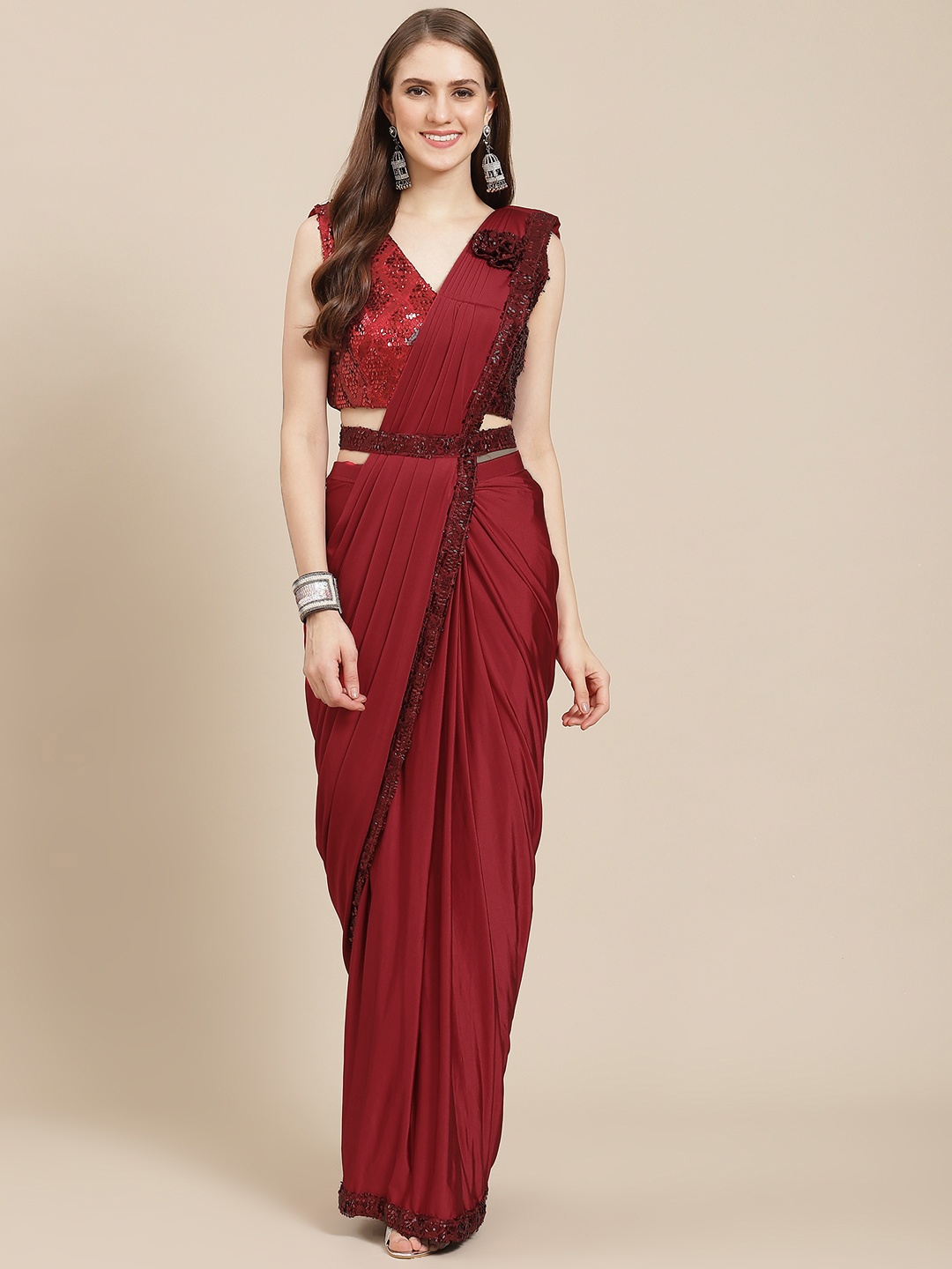

Grancy Maroon Sequinned Ready to Wear Saree