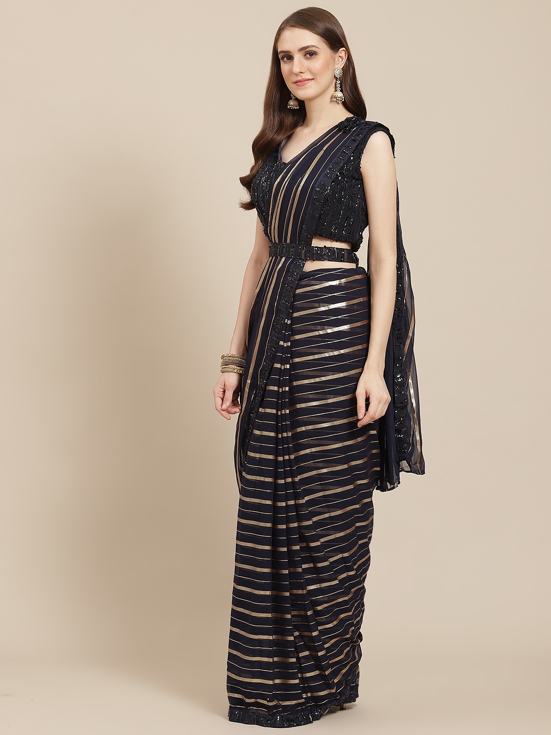 

Grancy Navy Blue & Gold-Toned Striped Ready to Wear Saree