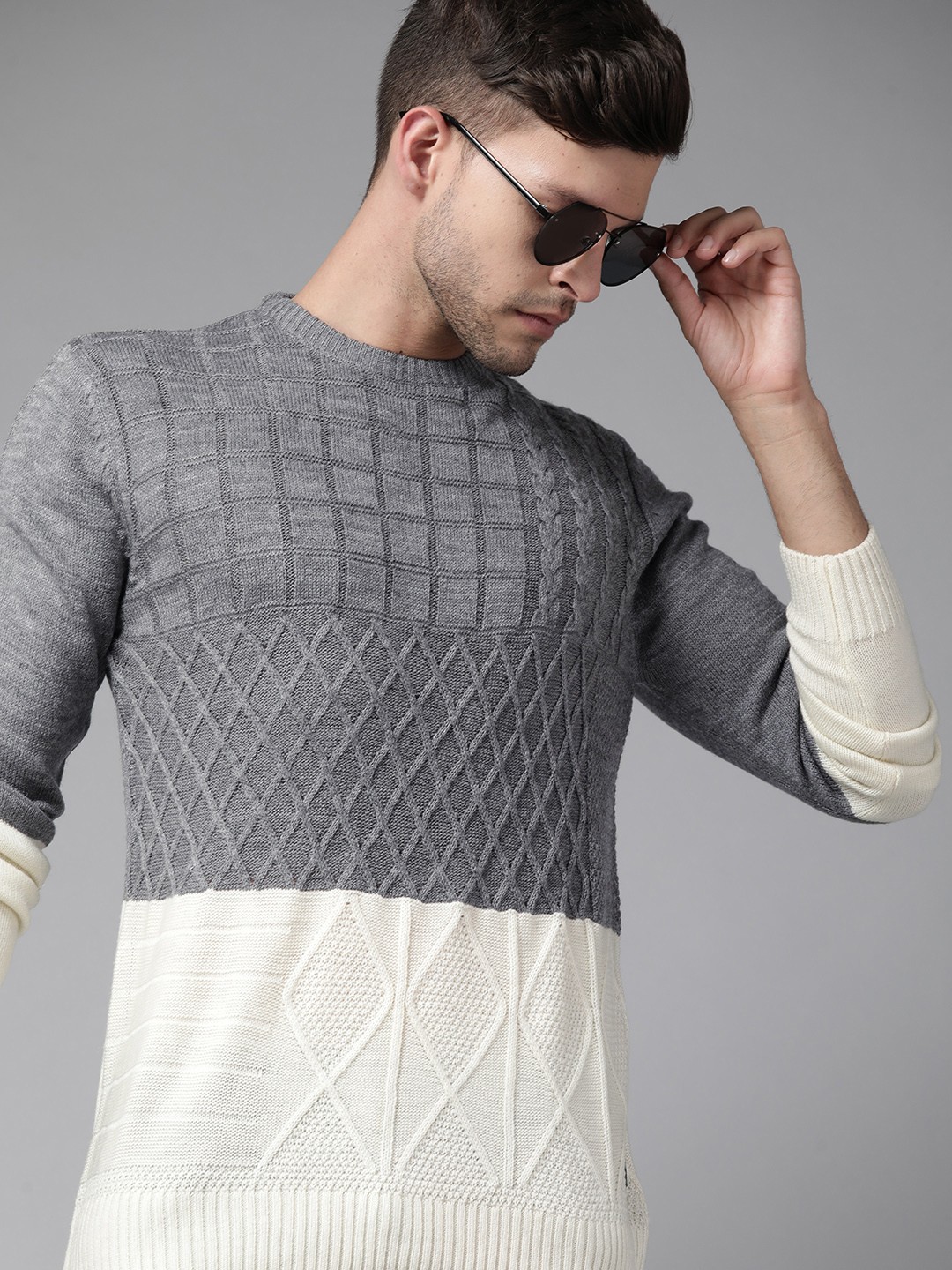

Roadster Men Grey & White Pullover
