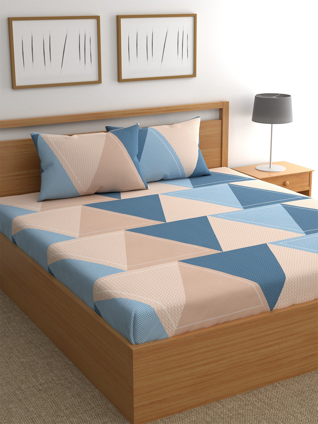 

CHHAVI INDIA Blue & Beige Geometric 210 TC Queen Bedsheet with 2 Pillow Covers
