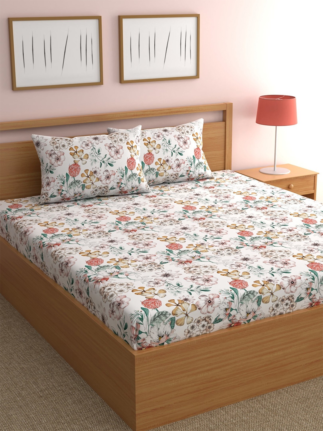 

CHHAVI INDIA White & Green Floral 210 TC Queen Bedsheet with 2 Pillow Covers