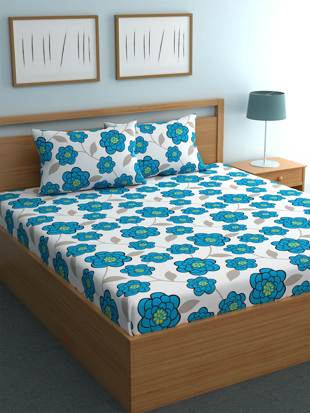 

CHHAVI INDIA Turquoise Blue & White Floral 210 TC Queen Bedsheet with 2 Pillow Covers