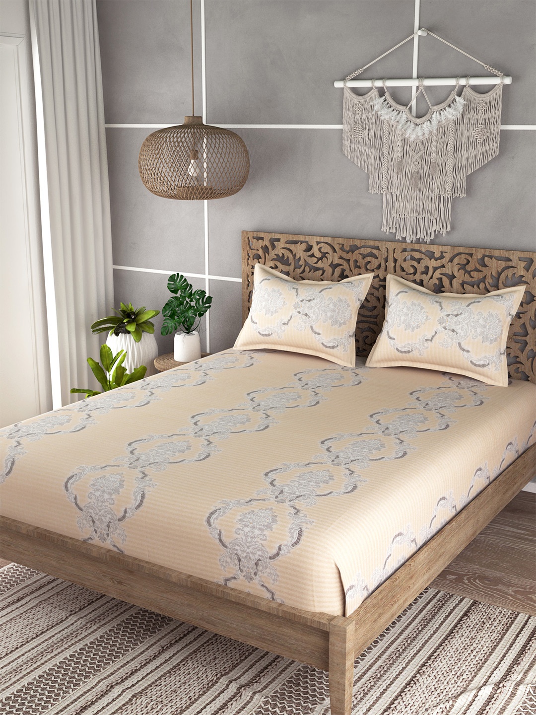 

EverHOME Brown & Cream-Coloured 210 TC King Bedsheet with 2 Pillow Covers