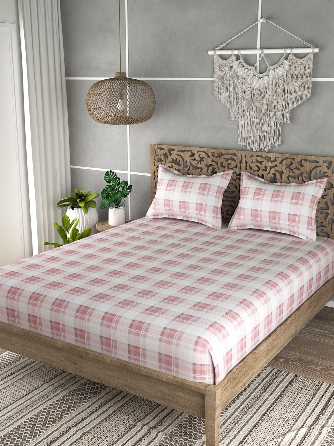 

EverHOME Cream-Coloured & Maroon Striped 210 TC King Bedsheet with 2 Pillow Covers