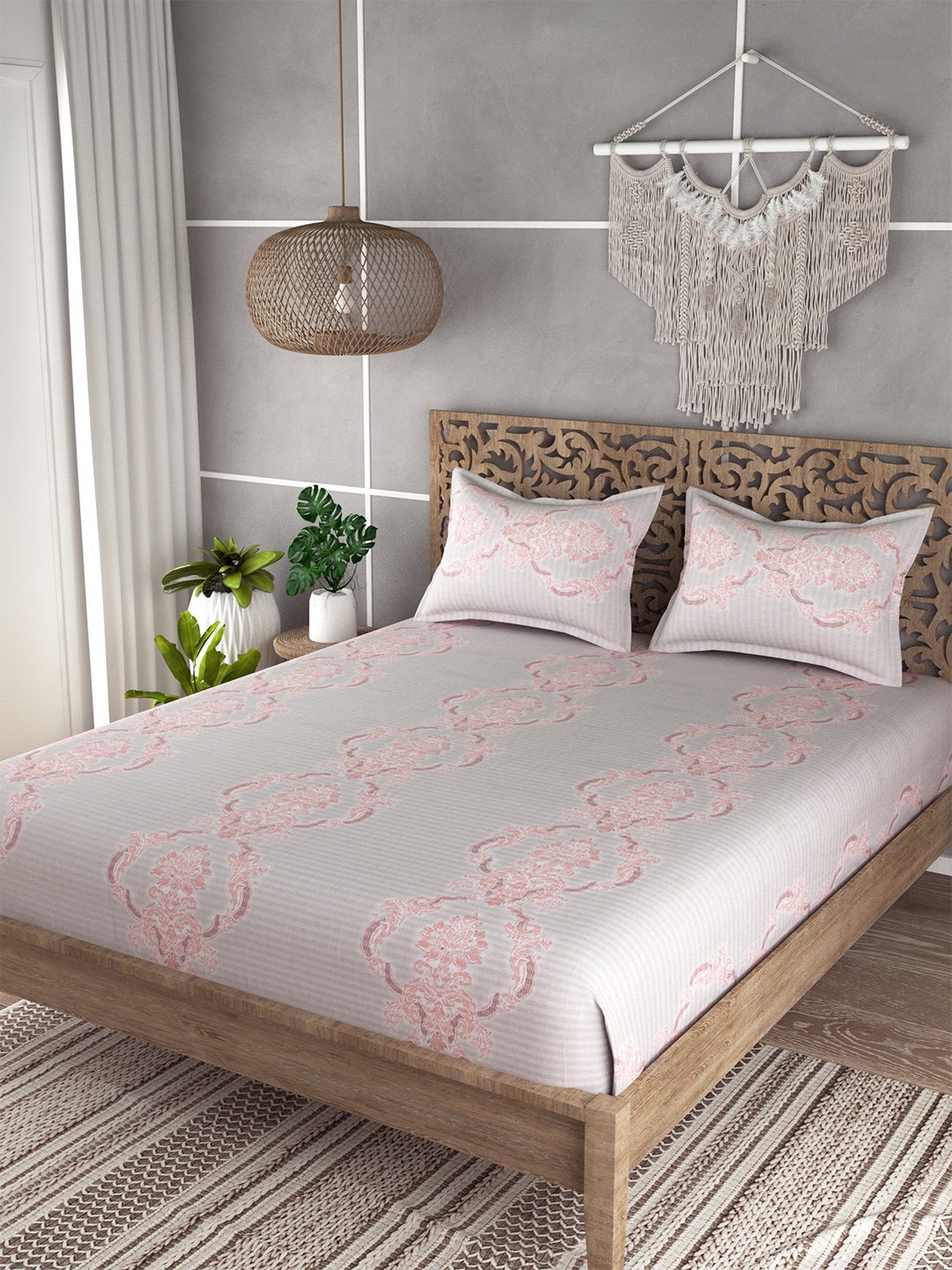 

EverHOME Grey & Blue Graphic 210 TC King Bedsheet with 2 Pillow Covers