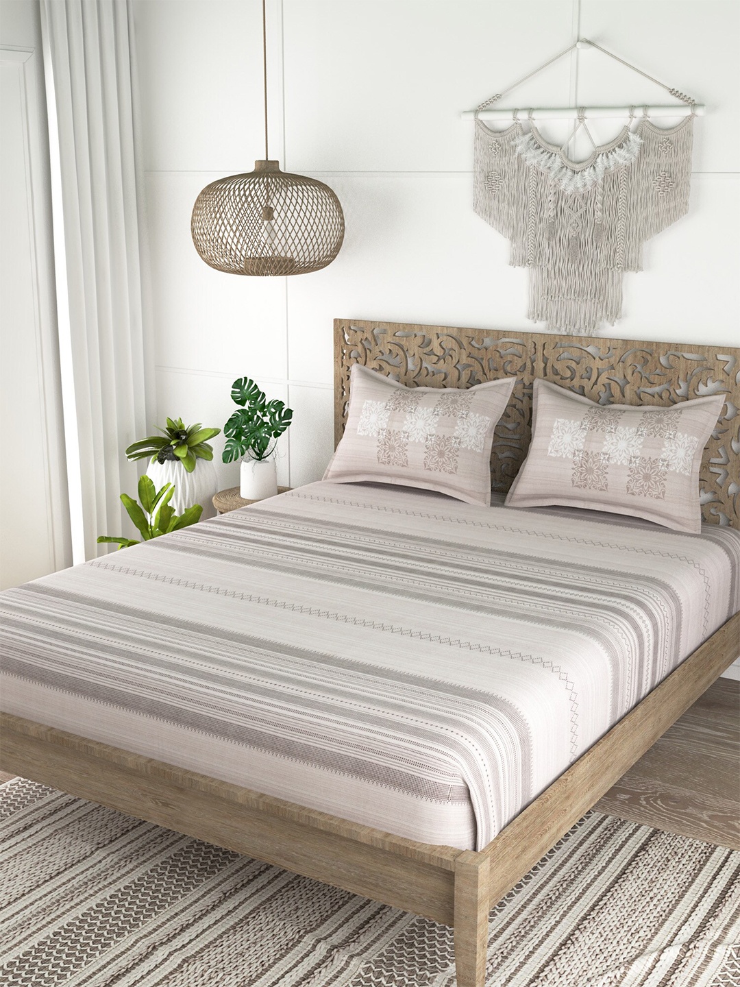 

EverHOME White & Grey Striped 210 TC King Bedsheet with 2 Pillow Covers