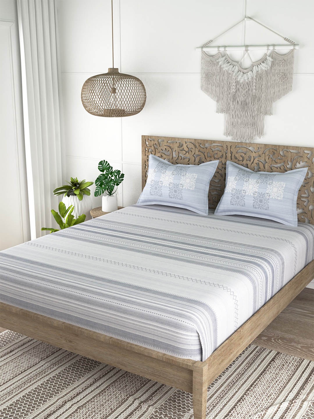 

EverHOME Grey & White Striped 210 TC King Bedsheet with 2 Pillow Covers