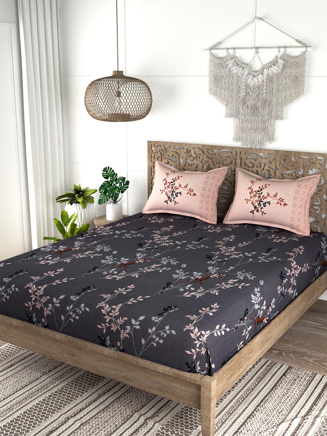 

EverHOME Grey & Brown Graphic 210 TC King Bedsheet with 2 Pillow Covers