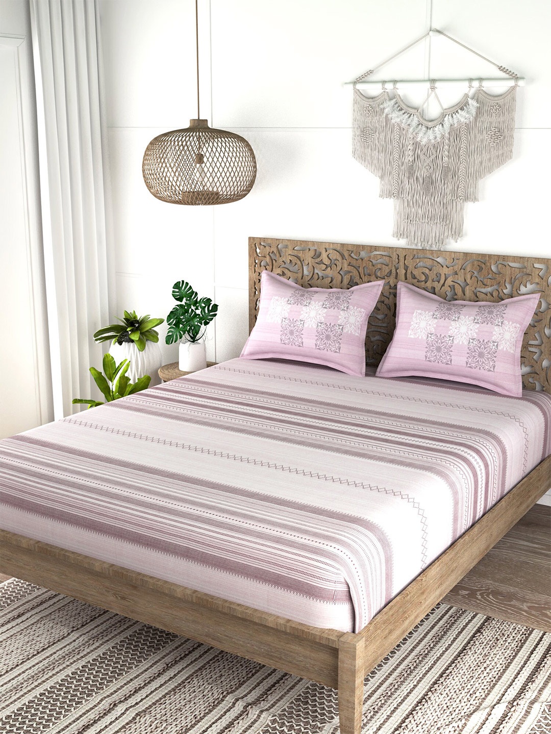 

EverHOME Pink & Brown Striped 210 TC King Bedsheet with 2 Pillow Covers
